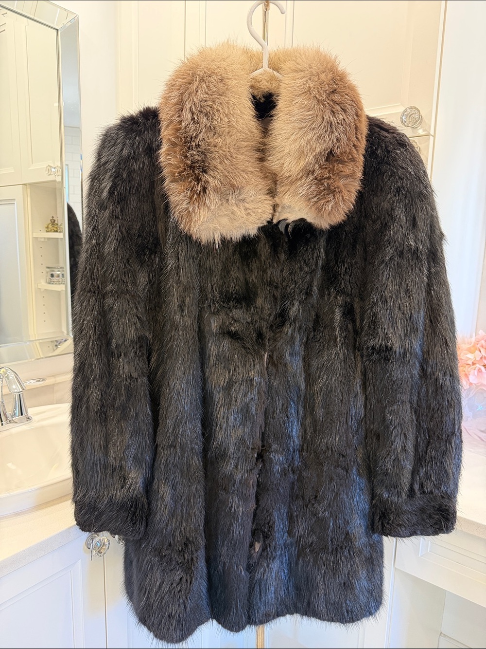 Black Wildcat Fur Coat with Tan Collar